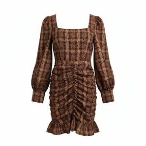 Cider Brown Plaid Ruched Mini Dress | Cottagecore Puff Sleeve Dress XS
